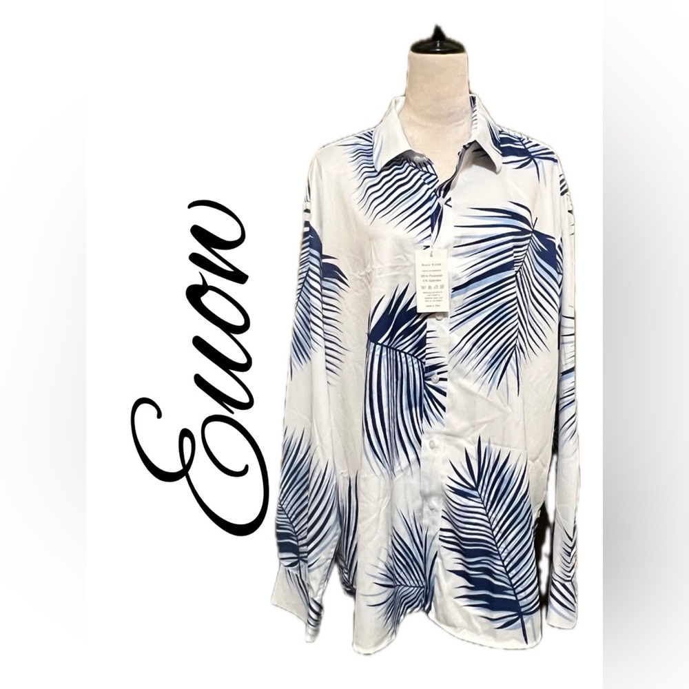 B7 Euow Men's White and Blue Leaf Print Shirt Size XXL